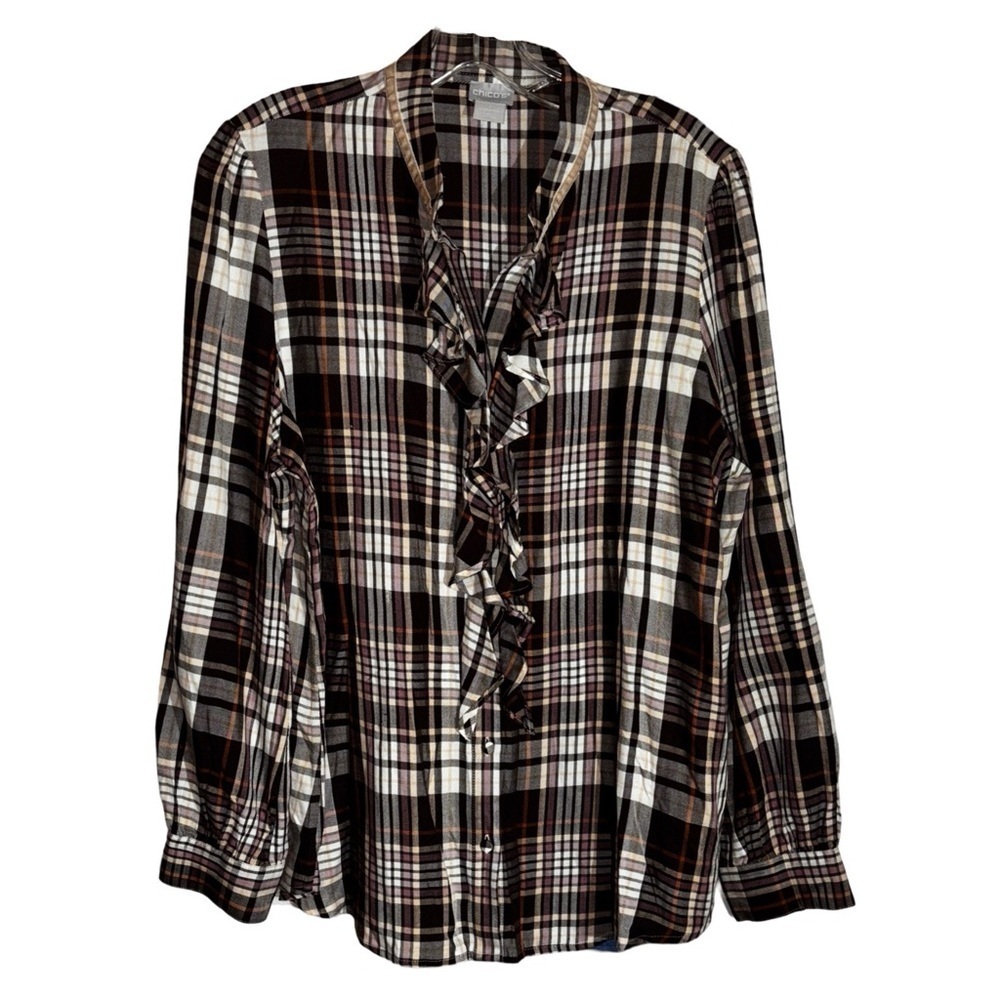 Chico's Plaid Flannel Ruffle Front Blouse Women's Medium
